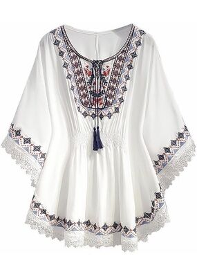 Blouse Women Vintage Lace Patchwork Bow V-Neck Embroidery Summer Three Quarter